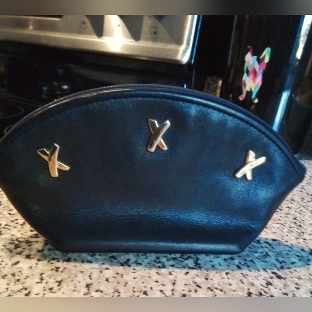 Paloma Picasso Black/Navy Leather Cosmetic Bag with Gold Accents